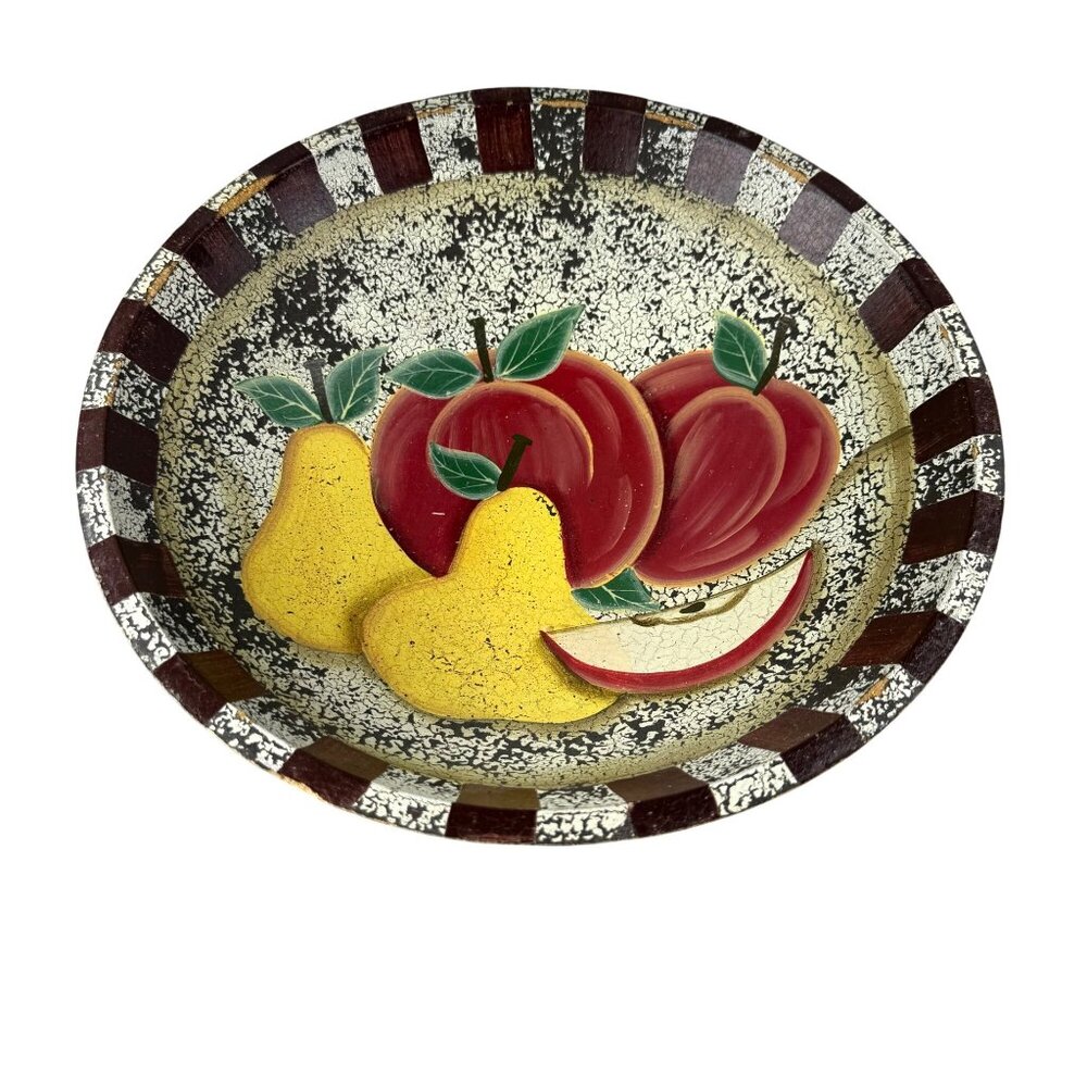 Decorative Wooden Bowl Painted Fruit Apple Pear Design Farmhouse Rustic Decor